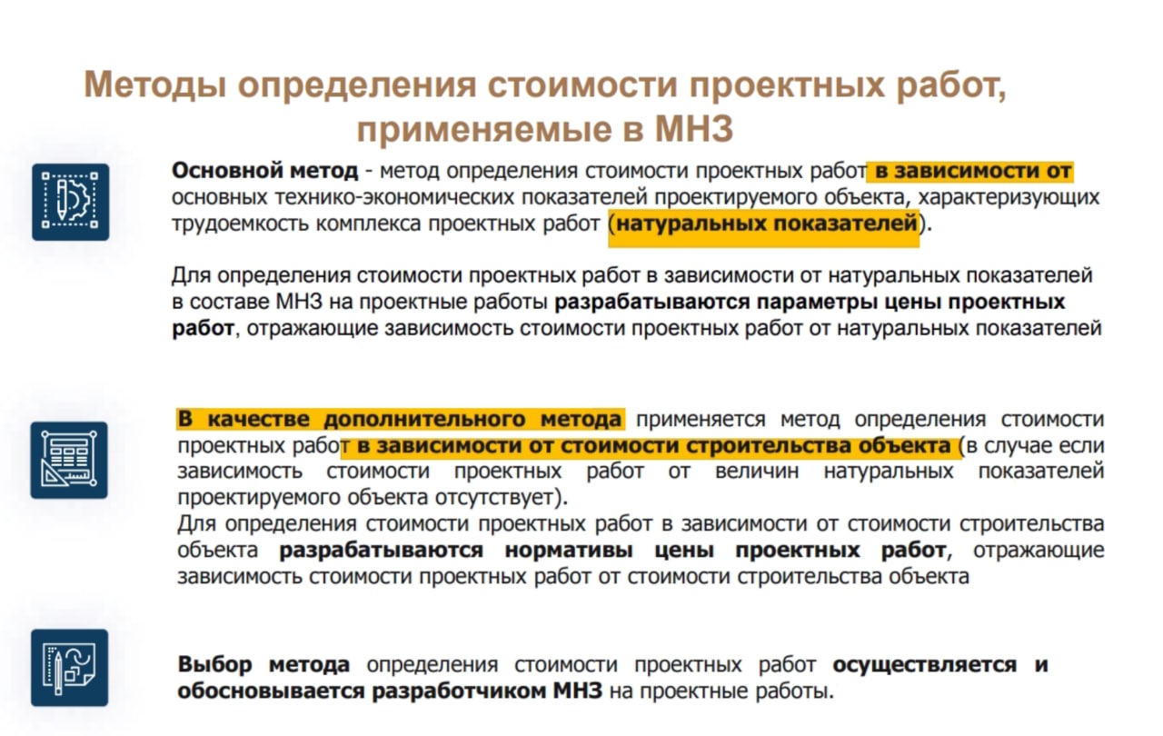 Методы определения стоимости проектных работ, применяемые в МНЗ